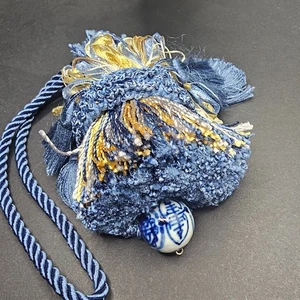 Nappa Tiebacks 2 Tende Frange Cord Blu Bianco Porcellana Perline Asiatico Oro Vintage - Foto 1 di 7