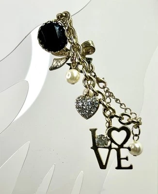 Brazalete colgante de perlas de imitación 7,5" tono dorado LOVE corazón arco ajustable Foto 1 de 4