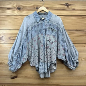 Boho Shirt XL Patchwork Mixed Fabrics Embroidered Blue Pink Floral Balloon B188 - Picture 1 of 18