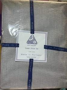 alda Textiles 100% Cotton Queen Duvet Set, Blue And White StripeMade In Portugal - Picture 1 of 4