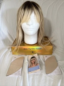 Ombre Brown Blonde Human Hair Wig for Women Remy with Bangs 2 Wig Caps Included - Picture 1 of 18
