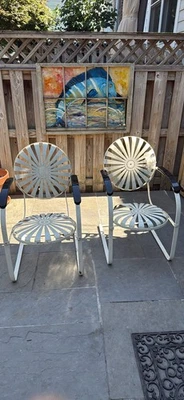2 Antique Art Deco Francois Carre Sunburst Garden/Patio Cantilever Chairs Pair - Image 1 of 4