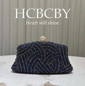 Elegant BLUE Rhinestone Evening Bag Luxury Beaded Clutch Purse Gold Chain - Picture 1 of 7