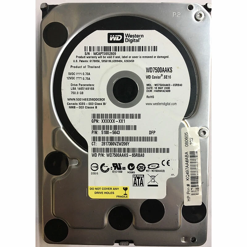 5188-5643 - HP 750GB 7200 RPM SATA 3.5" HDD - Image 1 of 1