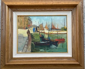 Canadian Impressionist Boats/Figures Along Coast Older Oil Painting 60's framed - Picture 1 of 3