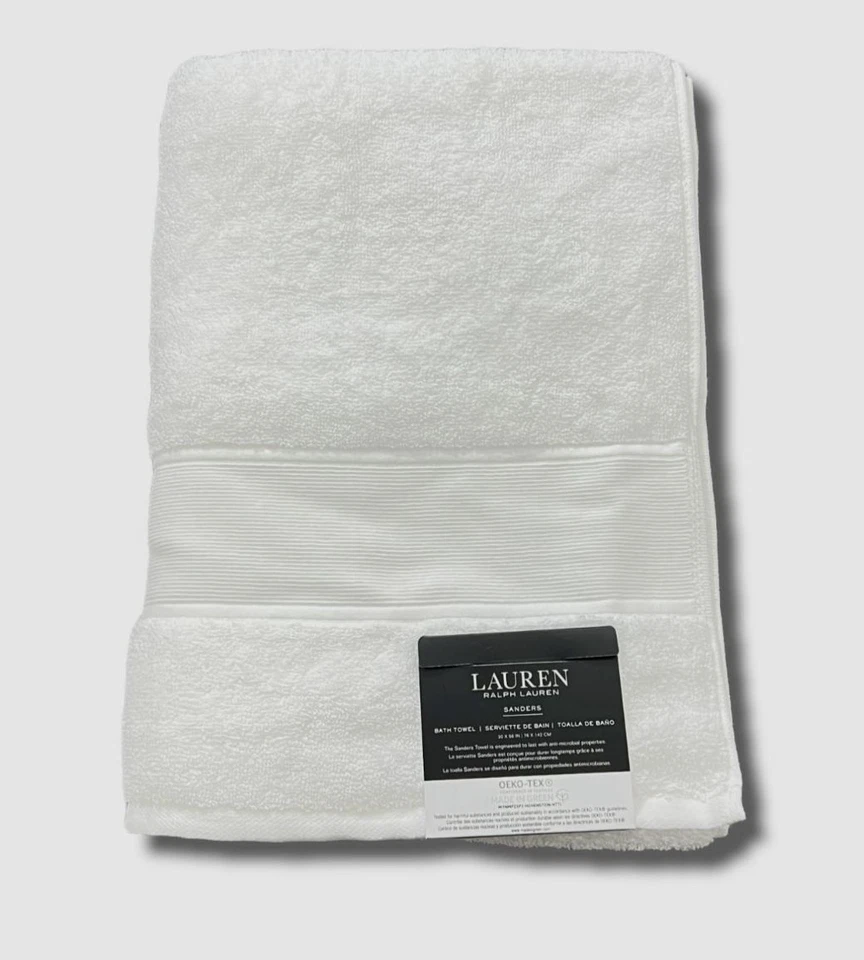 Set of 2 Ralph Lauren Sanders Antimicrobial Cotton Large Bath Towel 30x56 White