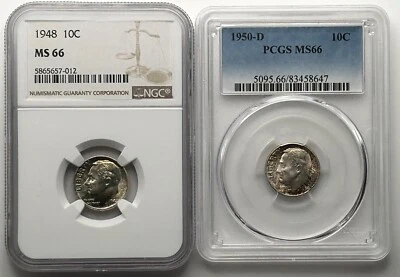 1948 P & 1950 D Roosevelt Dimes NGC/PCGS MS66 Fine Pair of Toners Priced to Sell - Image 1 of 4