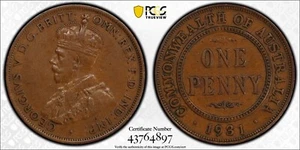 1931 Australia Penny PCGS AU50 Dropped 1 Bronze Coin 1D George V Gold Shield - Picture 1 of 9