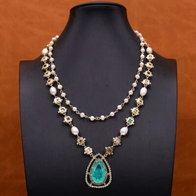 Collar colgante de cuarzo verde cadena rosario perlas blancas 2 filas circonitas cúbicas Foto 1 de 4