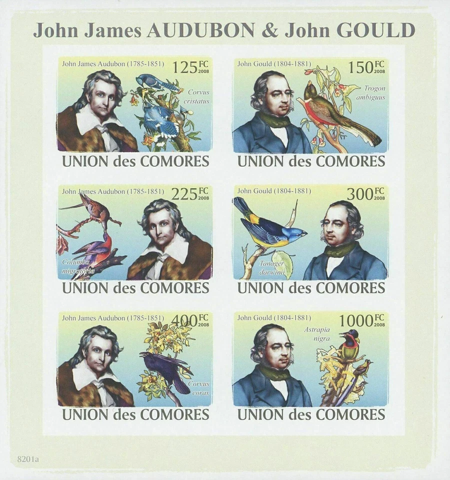 John James Audubon, John Gould Birds Imperforated Sov. Hoja de 6 estampillas Foto 1 de 2