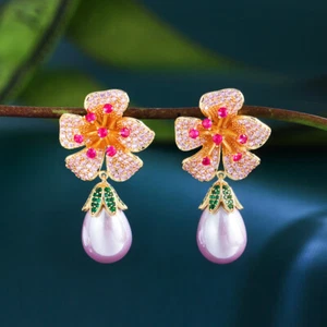 Pendientes colgantes únicos enchapados en oro CZ flor roja rosa perla púrpura para dama - Imagen 1 de 10