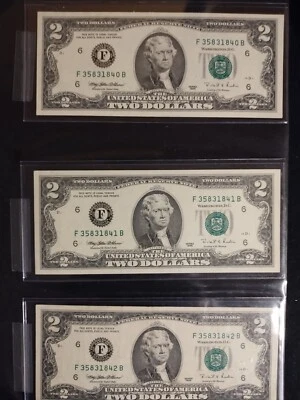 Lot of 3 Uncirculated Sequential $2 Dollar Federal Reserve Notes Series 1995 - Image 1 of 4