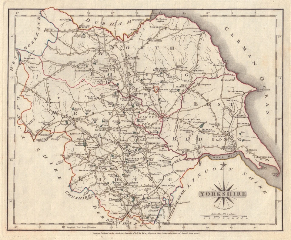 Antique county map of YORKSHIRE by JOHN CARY. Original outline colour 1787 - Image 1 of 1