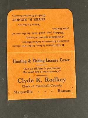 Antigua CUBIERTA DE LICENCIA DE PESCA DE CAZA Gráficos Marysville Kansas Clyde Rodkey Foto 1 de 4