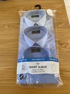 BNWT MARKS&SPENCER MENS 3 PACK TAILORED FIT SHORT SLEEVE BLUE SHIRTS Collar 16.5