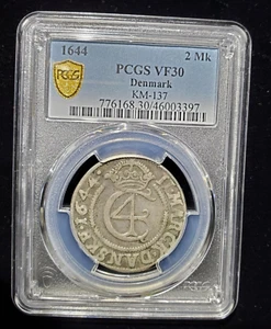 1644 Danimarca 2 MARCHI ARGENTO Ebraico Jehovah PCGS IN PERFETTE CONDIZIONI 30 JBC397 - Foto 1 di 2