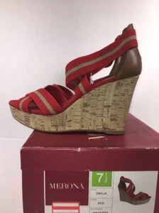 Merona Womens Wedge.sandals size 7.5 M red fabric double cross strap cork shoes - Picture 1 of 7