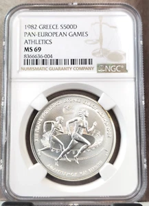 1982 GREECE SILVER 500 DRACHMAI PAN EUROPEAN GAMES RACERS NGC MS 69 SCARCE GEM - Picture 1 of 3