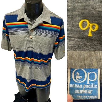 Vtg 70 80's Ocean Pacific Sunwear OP Logo RAINBOW STRIPE Polo SURFER Shirt L - Image 1 of 4