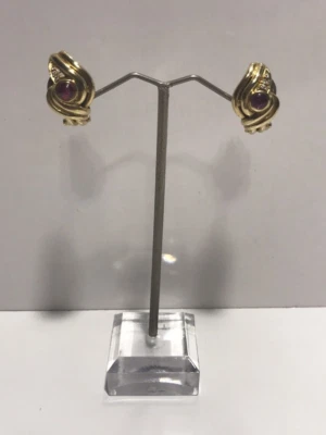 18K Yellow Gold Cabochon Ruby & Genuine Diamond Omega Back Earrings - Image 1 of 4