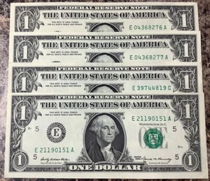 FOUR 1969 NOTE $1 DOLLAR BILLS ( RICHMOND E ) Crisp, $2 SHIPPING! Lot 4 - Picture 1 of 5
