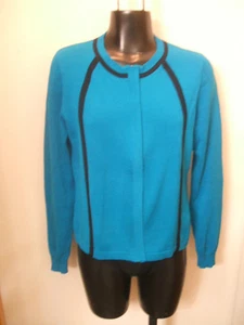Nanette Lepore Sweater Teal Black Trim Hidden Zipper Front Medium Long Sleeve M - Picture 1 of 10