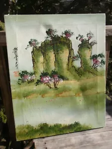 QUADRO OLIO CINESE VINTAGE ORIGINALE FIRMATO 16 X 20" FIUME ALBERI DI MONTAGNA - Foto 1 di 12