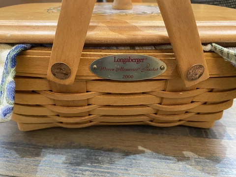 2000 Longaberger Woven Memories Basket Floral Fabric Liner, Hand Painted Lid Cover