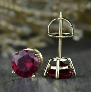 3Ct Cushion Lab-Created Re Ruby Solitaire Stud Earrings 14K Yellow Gold Plated