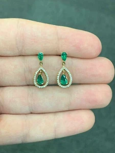 1.00 Ct Pear Cut Simulated Emerald Drop Dangle Earrings 14k Yellow Gold Plated - Picture 1 of 7