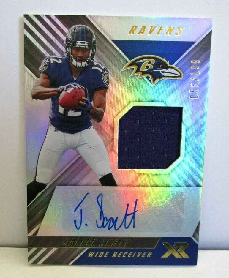 JALEEL SCOTT RC 2018 PANINI XR PATCH ROOKIE REFRACTOR AUTO#55/199!RAVENS WR RC  - Image 1 of 2