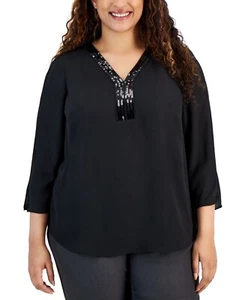 Jm Collection Plus Size Sequined-Neck 3/4-Sleeve Top 1X Deep Black - Picture 1 of 4