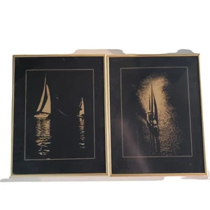 Arte Náutico Enmarcado MCM Vintage Años 70 - Barcos Puesta de Sol Negro Oro Decoración de Pared - Imagen 1 de 10