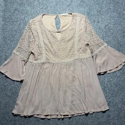 Easel Lace Blush Blouse Womens M Bell Sleeve Button Back - Image 1 of 4