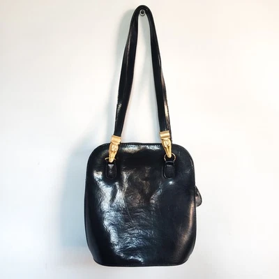 Bolso Cartera Sasha Vintage Años 90 Cuero Negro Dorado Herrajes Cabeza de Caimán Retro Cremallera Foto 1 de 4
