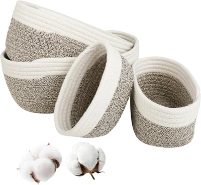 Set Di 4 Cestini Portaoggetti in Corda Di Cotone Intrecciata, Impilabile, per Ba - Immagine 1 di 4