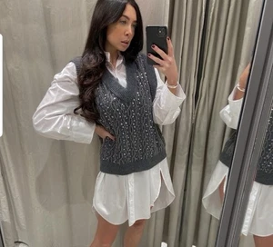 Neu Zara 89 $ Pailletten Perlen grau Pullover Weste Limited Edition Small 0021/120 - Bild 1 von 10