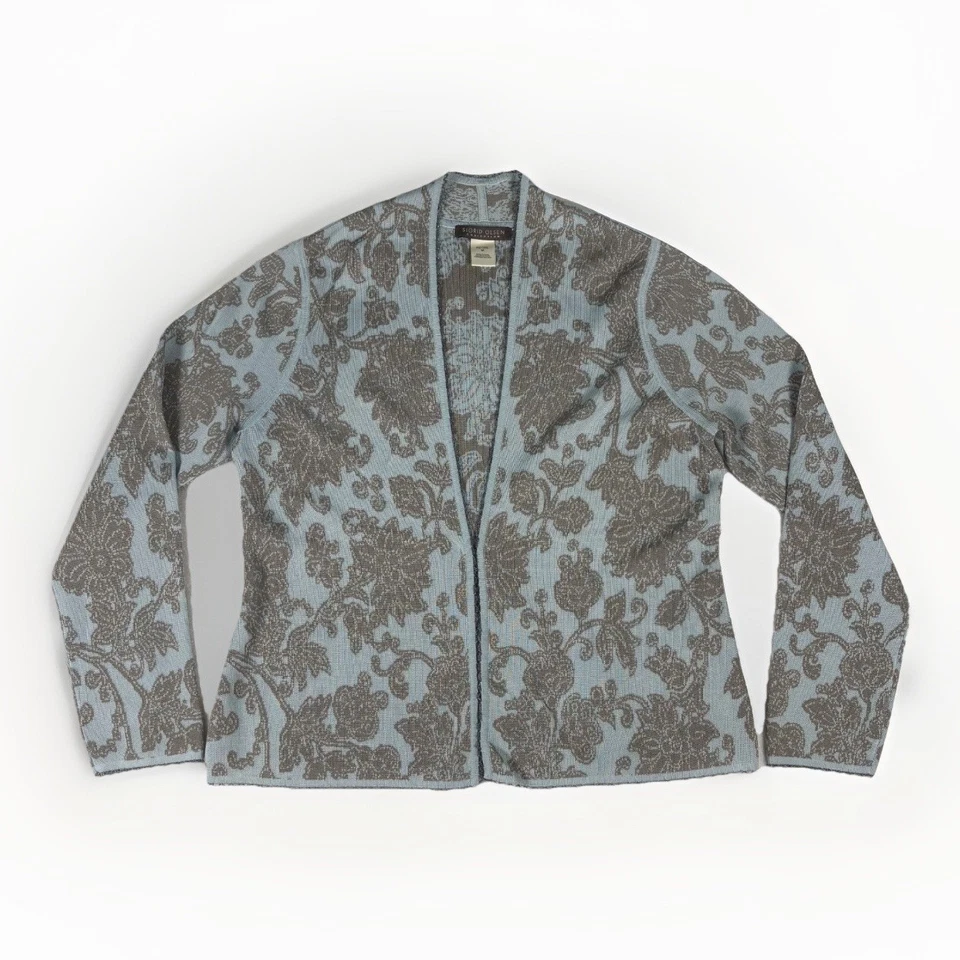 Sigrid Olsen Cardigan Sweater Womens Medium Petite Blue Floral Silk Lace Trim - Image 1 of 4