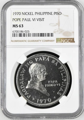 1970 Philippines Piso Pope Paul VI Visit Commemorative Nickel NGC MS 63 - Image 1 of 4