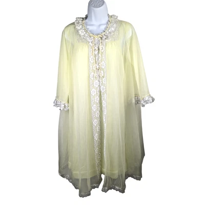 复古透明黄色雪纺全扫睡衣和 Peignoir 套装 蕾丝 尺寸 S 阅读 — 第 1/4 张图片