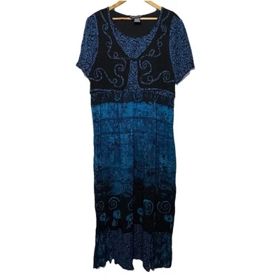 Maxi Vestido Vintage Años 90 CAROLE LITTLE Azul Negro Rayón Chaleco Soutache EE. UU. Talla 16 Foto 1 de 4
