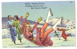 C.T. Winter Sports - FEMALE ICE SKATER Tales a Spill 1939 Curteich Linen Comic - Picture 1 of 2