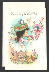 Vntg UnUsed GET WELL Card & Env Little Girl & Blue Birds PLEASE Hurry & Get Well - Picture 1 of 6