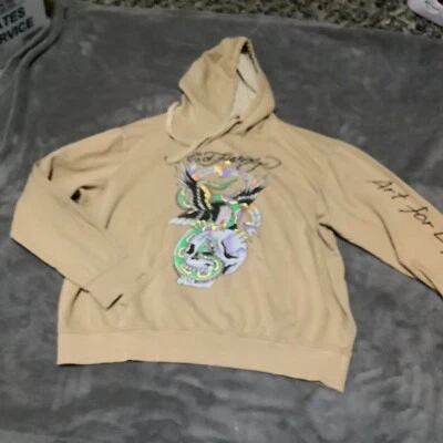Ed Hardy Men L Tan New York City Art For Life Hoodie Pullover Skull Snake - Image 1 of 4