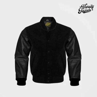 Black body Black Sleeves Pro Varsity Jacket | Letterman Baseball College Jacket - Image 1 of 4