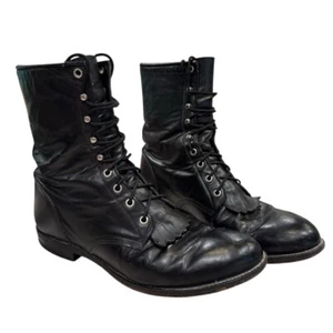 Vintage Justin Leather Lace Up Boots Black Size 10 - Picture 1 of 7