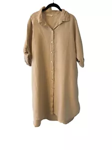 Italian-Made Beige Linen Button-Up Shirt Dress With Roll-Up Sleeves Large - Picture 1 of 6