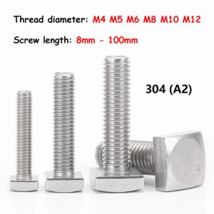 1/5/10 Pcs M4 M5 M6 M8 M10 M12 Square Head Bolts A2 Stainless Steel Square Bolts - Picture 1 of 70