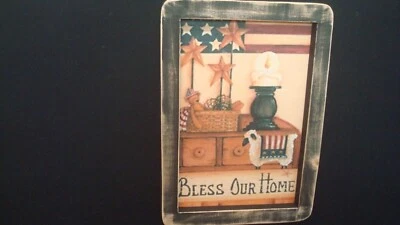 IMPRESIÓN COUNTRY PRIMITIVA **BENDICE NUESTRA CASA** marco negro hecho a mano 9 1/2" x 7" Foto 1 de 2