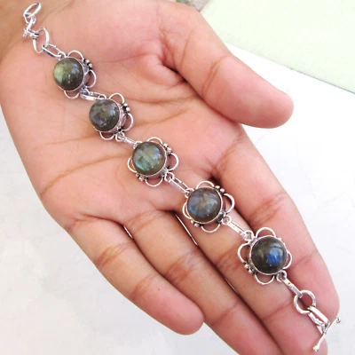 Labradorite round stone handmade plated adjustable bracelet jewelry love gift - Image 1 of 4